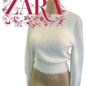 Zara Women's Cream Fuzzy Crew Neck Sweater